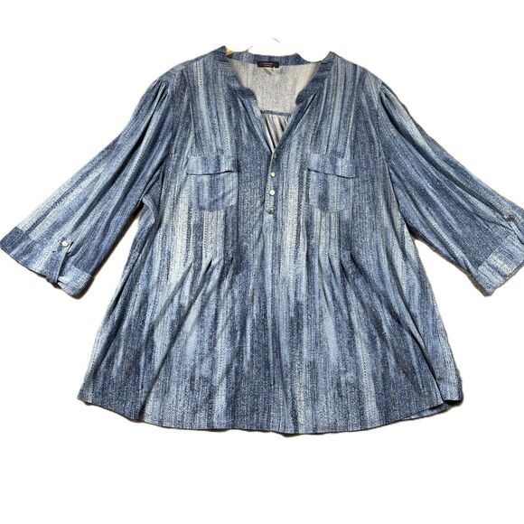 Cocomo Tops - Cocomo Women Slinky Knit Top Stonewash Denim Look Roll Tab Sleeve Blue 3X L115